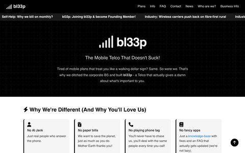 Screenshot of bl33p.co.nz — the bl33p mobile telco homepage with bold pink and black branding