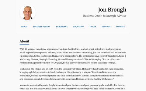 Screenshot of jonbrough.com — a personal portfolio site with a clean professional layout