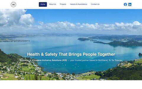 Screenshot of kisinclusive.com — a clean business site with a teal hero and card layout